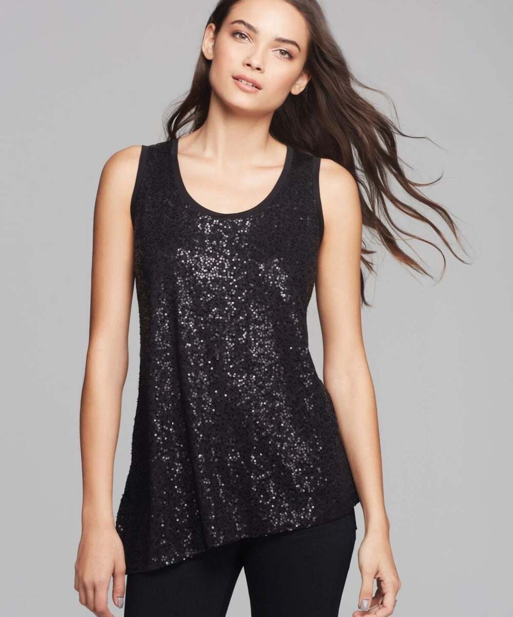 Eileen Fisher Black Silk Stretch Sequin Asymmetrical Tank w/Side Slit, S -